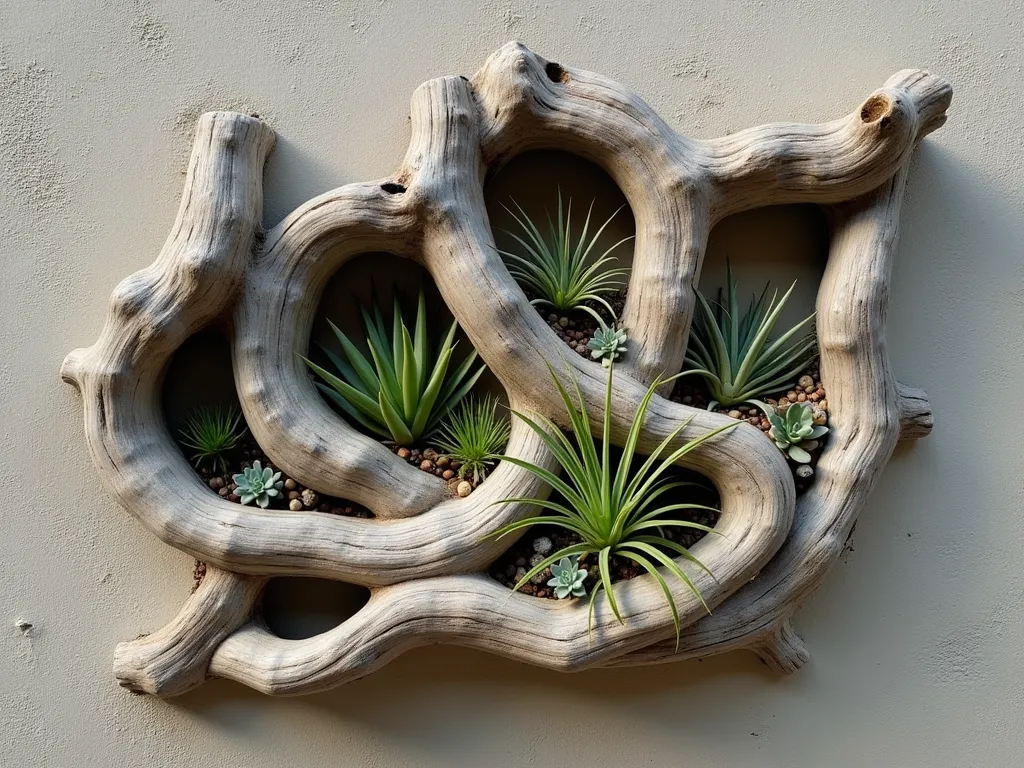 Living Driftwood Wall Garden - A stunning outdoor living wall made of weathered, silvery driftwood pieces artistically arranged on a rustic exterior wall. Multiple pieces of sculptural driftwood create an organic framework, with vibrant Tillandsia air plants and small succulents nestled within the natural curves and hollows. The plants appear to emerge from the driftwood, creating a harmonious blend of textures. Soft natural lighting casts gentle shadows, highlighting the wood's natural patina and the plants' delicate forms. Photorealistic, high detail, architectural photography style.