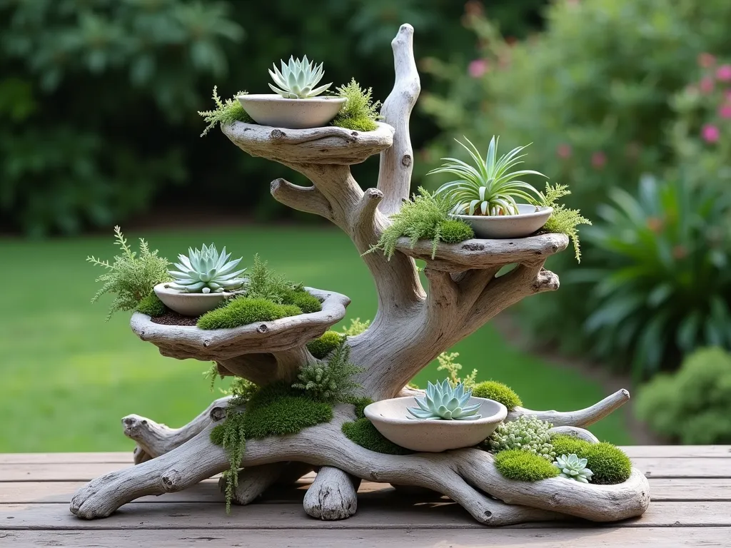 Multi-Tiered Driftwood Plant Display - A stunning natural garden display featuring weathered driftwood pieces artfully arranged into a multi-tiered stand against a lush garden background. Silvery-gray driftwood branches create stable platforms at varying heights, holding an elegant collection of small succulents, air plants, and delicate ferns. Soft natural lighting enhances the organic textures of the wood, while small clusters of moss add touches of emerald green. The structure appears both rustic and artistic, with smaller pieces of driftwood creating natural supports and visual interest. Shallow ceramic dishes nestle perfectly into the natural curves of the wood, creating perfect platforms for the botanical display. Photorealistic, high detail, soft ambient lighting.