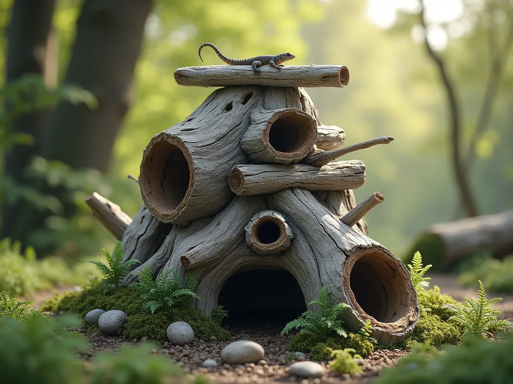 Natural Driftwood Wildlife Haven - A beautifully arranged stack of weathered driftwood pieces in a garden setting, artfully assembled into a natural-looking habitat structure. The driftwood pieces vary in size and are arranged with small gaps and tunnels between them. Soft, natural lighting highlights the silvery-gray textures of the wood. Small ferns and moss grow around the base, while a small lizard suns itself on one of the branches. The background features dappled sunlight through trees, creating a magical woodland atmosphere. Photorealistic, 4K, detailed texture, natural lighting.