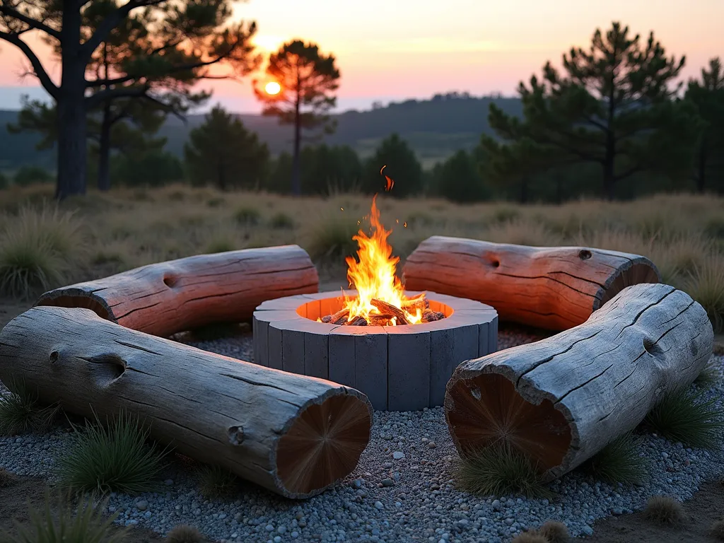 Rustic Driftwood Fire Pit Seating - A cozy outdoor fire pit scene at dusk, surrounded by large, weathered driftwood logs arranged as natural seating. The driftwood pieces are artfully positioned in a circle, each piece smooth and silvered with age, sealed to a soft sheen. The central stone fire pit glows with warm flames, casting golden light on the driftwood seating. Small coastal grasses and beach pebbles scatter the ground between the seats. The scene is set in a backyard landscape with distant beach pine trees silhouetted against a warm sunset sky, creating an intimate and organic gathering space.