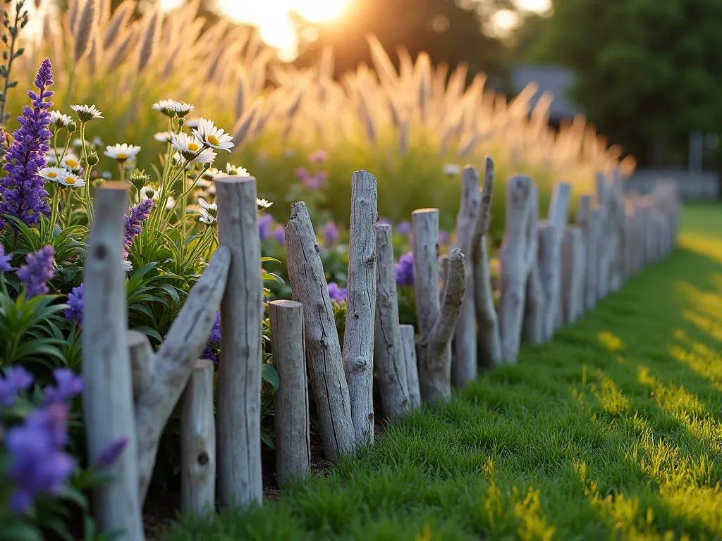 Rustic Driftwood Garden Border - A beautiful garden border at sunset featuring weathered gray driftwood pieces artistically arranged in a staggered pattern, partially buried vertically at varying angles. The driftwood pieces are uniform in size, creating a natural rhythm along the edge of a lush garden bed. Coastal ornamental grasses sway in the background, while purple salvia and white beach daisies bloom between the driftwood stakes. Natural golden sunlight filters through, casting long shadows and highlighting the texture of the weathered wood. Perspective shot showing the border curving gently through the garden, photorealistic style, soft depth of field.