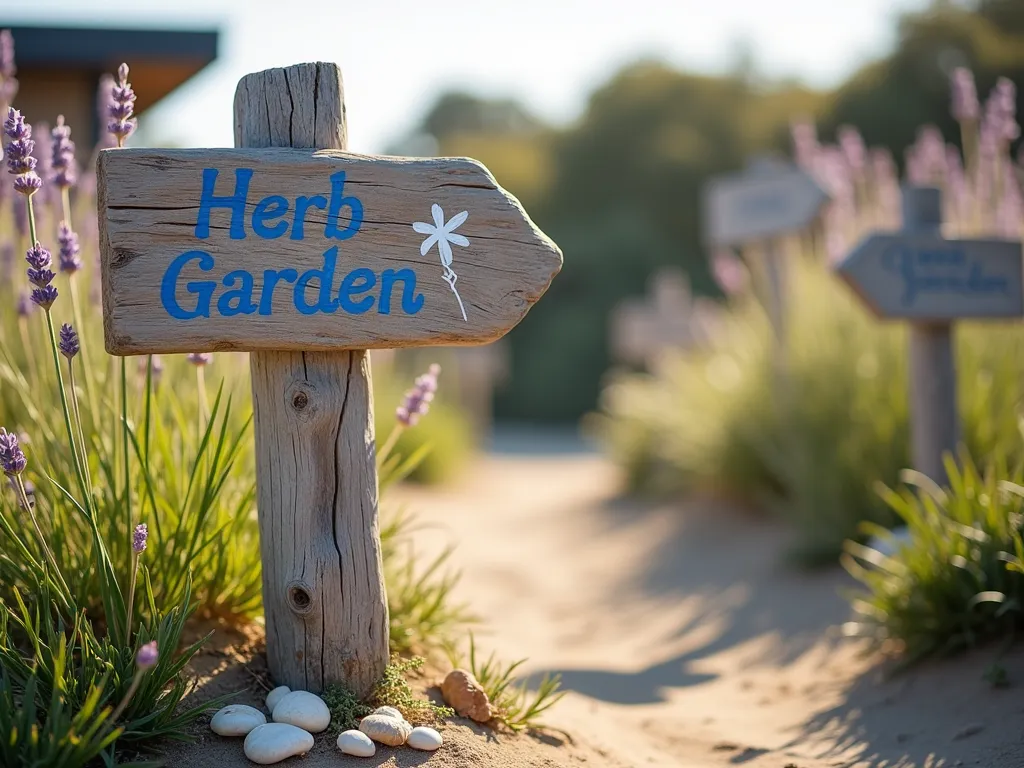 Rustic Driftwood Garden Sign - A sunlit coastal garden path with an artistically weathered piece of flat driftwood mounted on a post, hand-painted with 'Herb Garden' in whimsical blue lettering. The sign is surrounded by swaying beach grasses and lavender, with small shells decoratively arranged at its base. The driftwood has a natural silvery patina, and the scene captures a soft, late afternoon coastal light with gentle bokeh effects. Additional smaller driftwood signs point to different garden areas in the background, creating depth and visual interest.