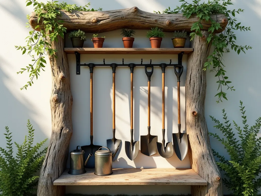 Rustic Driftwood Garden Tool Storage Station - A beautifully weathered driftwood frame structure against a garden wall, serving as a tool organization station. Large, naturally curved driftwood pieces form an A-frame structure with horizontal supports. Vintage iron hooks and reclaimed wood shelves are attached to the driftwood frame, displaying neatly arranged garden tools including rakes, spades, and watering cans. Climbing jasmine vines weave through the structure, adding organic charm. Natural sunlight casts interesting shadows through the piece, highlighting its rustic, beach-inspired character. Photorealistic, high detail, soft morning light.