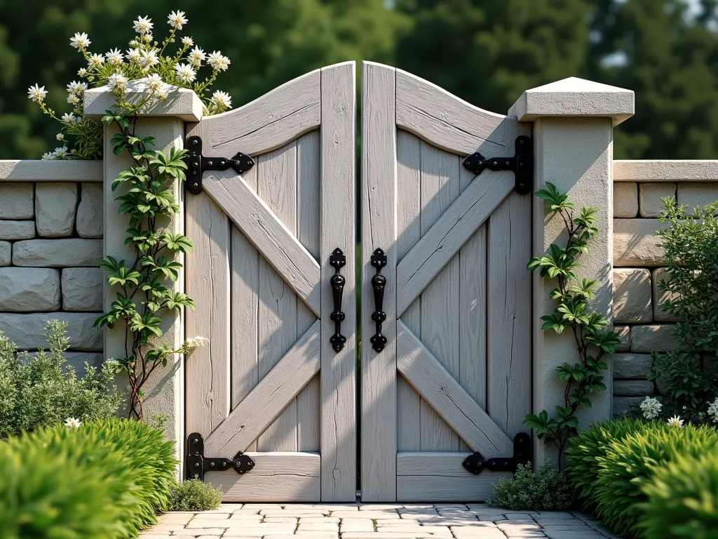 Rustic Driftwood Garden Gate with Geometric Pattern - A beautifully crafted garden gate made from weathered driftwood pieces arranged in a striking geometric pattern, photographed in soft natural lighting. The driftwood pieces are artfully assembled in a harmonious diamond and herringbone design, with smooth silvery-gray wood textures. Black wrought iron hinges and vintage-style hardware accent the natural wood. Climbing jasmine vines delicately weave through the structure. The gate is set within a natural stone wall, with lush garden greenery visible on both sides. Photorealistic, architectural detail, high-end landscape design, 4k resolution.