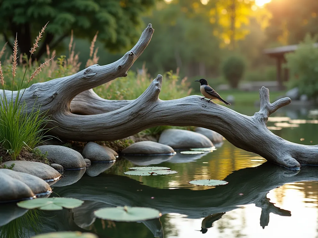 Serene Driftwood Pond Edge - A tranquil garden pond with weathered, silvery driftwood pieces artfully arranged along its natural-looking edge, photographed during golden hour. Large sculptural driftwood pieces extend gracefully over the crystal-clear water, creating perfect reflections on the calm surface. Water lilies dot the pond while ornamental grasses and ferns soften the edges between the driftwood. A small bird perches on one of the overhanging pieces, casting a delicate reflection. The scene is captured with soft, natural lighting that highlights the organic textures of the wood against the water's shimmer. Photorealistic, high-detail nature photography style.