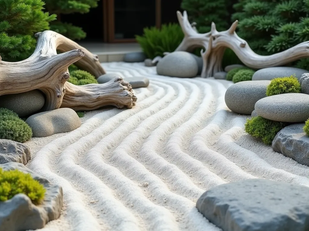 Serene Driftwood Zen Garden - A peaceful Japanese-inspired zen garden with weathered, silver-gray driftwood pieces artfully arranged among pristine white raked gravel patterns. Large sculptural driftwood pieces serve as natural focal points, while smaller pieces create flowing lines that complement the circular ripple patterns in the gravel. Natural stone boulders in varying sizes anchor the composition, with small clumps of moss adding subtle green accents. The scene is captured in soft, natural lighting that highlights the organic textures and shadows, creating a meditative atmosphere. Photographed from a slightly elevated angle to showcase the intricate gravel patterns and overall design harmony.