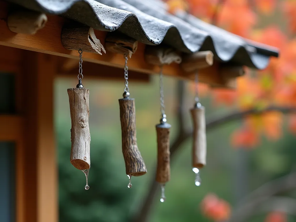 Zen Driftwood Rain Chain - A serene close-up photograph of an artistic rain chain made from weathered driftwood pieces, hanging from a copper roof edge. Small, twisted driftwood pieces of varying sizes are connected by delicate metal chains, with water droplets cascading down the pieces creating a peaceful waterfall effect. Soft natural lighting highlights the beautiful wood grain patterns and silvery patina of the driftwood. The background shows a blurred Japanese maple tree with gentle bokeh effect.