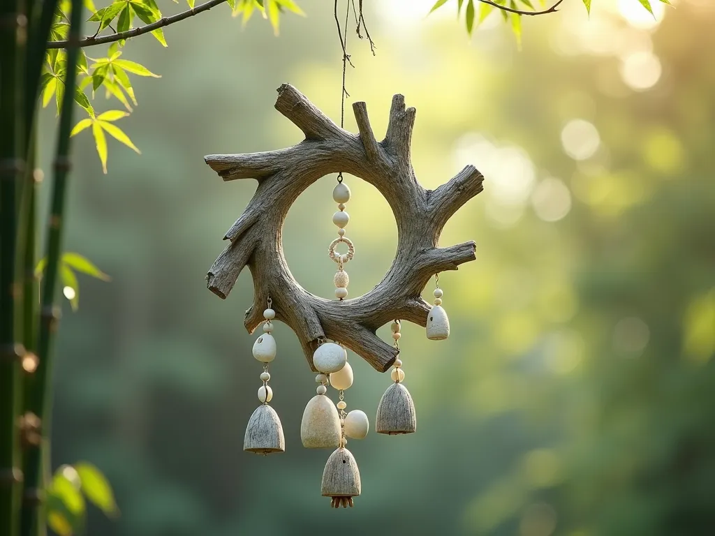 Zen Garden Driftwood Wind Chime - A serene and artistic driftwood wind chime hanging in a peaceful garden setting, photographed from a low angle against a soft-focus natural background. The wind chime features weathered, silver-gray driftwood pieces of varying lengths arranged in a circular pattern, interspersed with delicate white seashells and small ceramic bells. Gentle sunlight filters through the pieces, creating ethereal shadows. The composition suggests movement, with some pieces appearing to sway in a light breeze. The background shows blurred Japanese maple leaves and bamboo, creating a zen-like atmosphere. Photorealistic, high-detail, soft natural lighting, shallow depth of field.