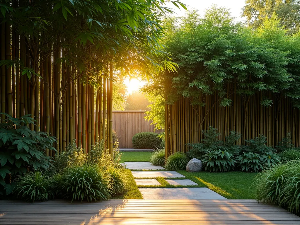 Serene Bamboo Privacy Screen at Dawn - A tranquil east-facing garden scene at dawn, featuring a majestic 8-foot tall bamboo privacy screen with golden morning sunlight filtering through the elegant stems. The clumping bamboo creates a natural green wall with deep jade leaves catching the early light, casting intricate shadows on a stone path below. A modern wooden deck in the foreground provides perspective, while ornamental grasses and Japanese forest grass add texture at the bamboo's base. Dew drops glisten on the bamboo leaves as the rising sun creates a warm, ethereal atmosphere. Shot with a wide-angle lens capturing the full height and expanse of the bamboo screen, with selective focus highlighting the interplay of light and shadow. Photographic style: cinematic, architectural, high-end garden design.