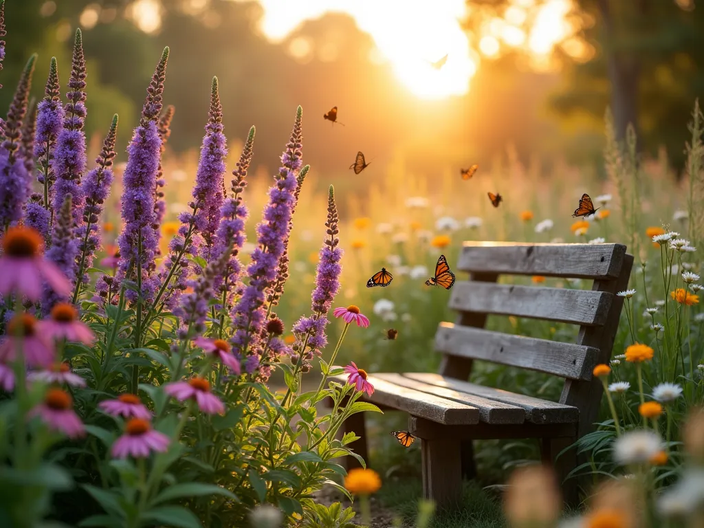 Dawn Butterfly Garden Sanctuary - A serene early morning garden scene captured with golden sunlight streaming through a lush butterfly garden. In the foreground, vibrant purple butterfly bushes and pink coneflowers sway gently, with morning dew glistening on their petals. Several monarch and swallowtail butterflies hover gracefully around the blooms. A rustic wooden bench sits nestled among the flowers, creating a peaceful viewing spot. The background features a mix of native wildflowers in soft yellows and whites, with ornamental grasses providing texture. Shot from a low angle to emphasize the height of the flowers against the warm eastern sky, with soft bokeh effects highlighting the magical morning atmosphere. DSLR, wide-angle lens, f/8, ISO 100, 1/125s, dawn lighting.