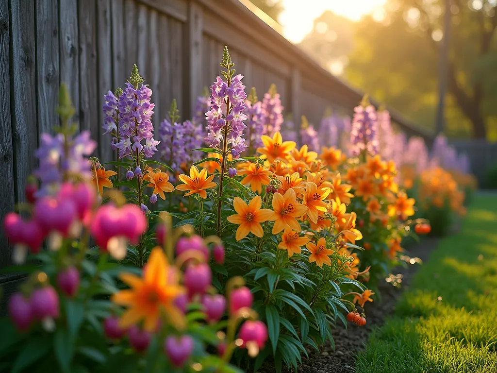 Vibrant East-Facing Border at Dawn - A stunning garden border photographed at dawn, bathed in soft golden morning light, featuring a lush collection of early-blooming flowers. In the foreground, delicate pink bleeding hearts cascade gracefully, while vibrant orange and yellow daylilies create a dramatic middle layer. Clusters of ethereal purple and white eastern columbine dance above, their distinctive spurred flowers catching the first rays of sunlight. The border follows a natural curved design against a weathered wooden fence, with dew drops glistening on the foliage. Shot with a wide-angle lens to capture the full sweep of the border, with the morning sun creating beautiful rim lighting and long shadows that add depth and dimension. Professional DSLR photo with pristine clarity and rich color saturation.