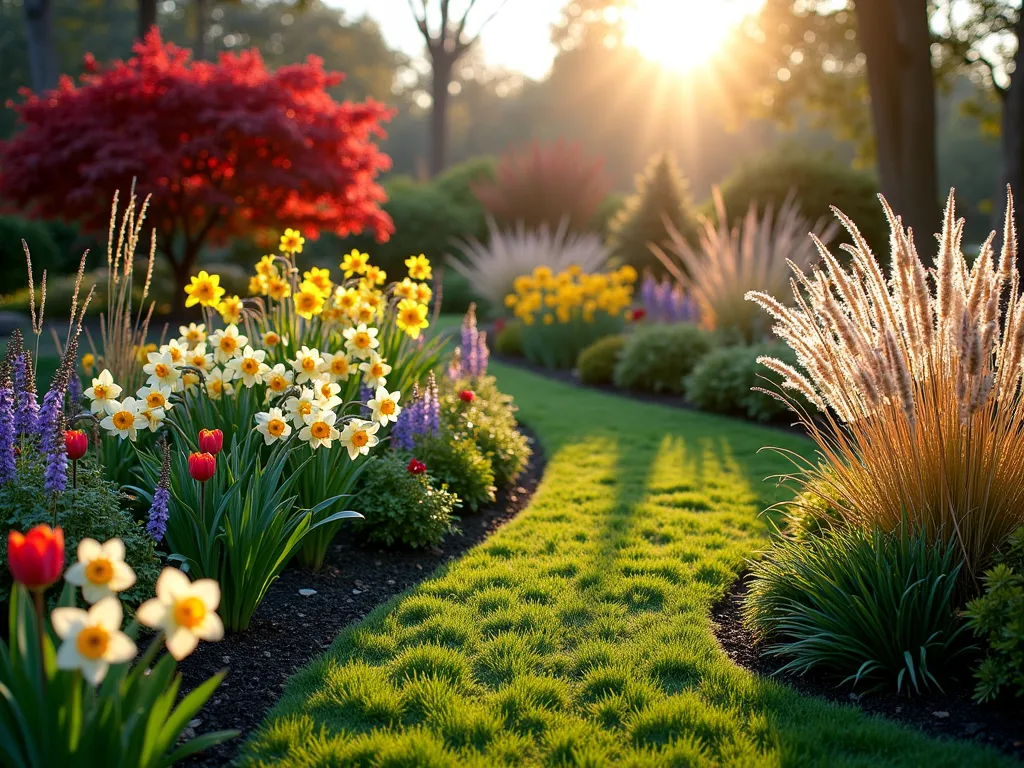 Four-Season East-Facing Mixed Border at Dawn - A stunning wide-angle photograph of a lush mixed garden border at dawn, with golden morning light filtering through. The layered garden design showcases spring tulips and daffodils in bloom alongside emerging summer perennials like delphinium and foxgloves. Japanese maple provides stunning fall colors in the background, while red winterberry holly and ornamental grasses add winter structure. The border curves elegantly, with varying heights creating depth and interest. Frost-kissed ornamental grasses catch the early morning light, while dewdrops sparkle on foliage. Professional garden photography with soft natural lighting and rich, vibrant colors, captured with a wide-angle lens to show the full seasonal tapestry.