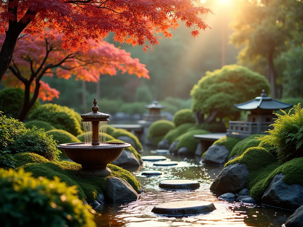 Serene Morning Japanese Zen Garden - A tranquil Japanese zen garden photographed at dawn, with golden morning light filtering through the delicate leaves of a crimson Japanese maple tree. A traditional bamboo water fountain creates a focal point, surrounded by carefully arranged moss-covered rocks and stepping stones. The composition features multiple levels with carefully manicured azaleas and ferns in the background. Shot with a wide-angle lens capturing the interplay of light and shadow, with water droplets visible on the moss and stone surfaces. The scene includes a small wooden bench and traditional stone lantern, creating depth and meditation space. Natural mist lingers in the background, adding atmospheric depth to the scene. Photographed with a digital camera, 16-35mm lens at f/2.8, ISO 400, capturing the rich textures and morning dew.