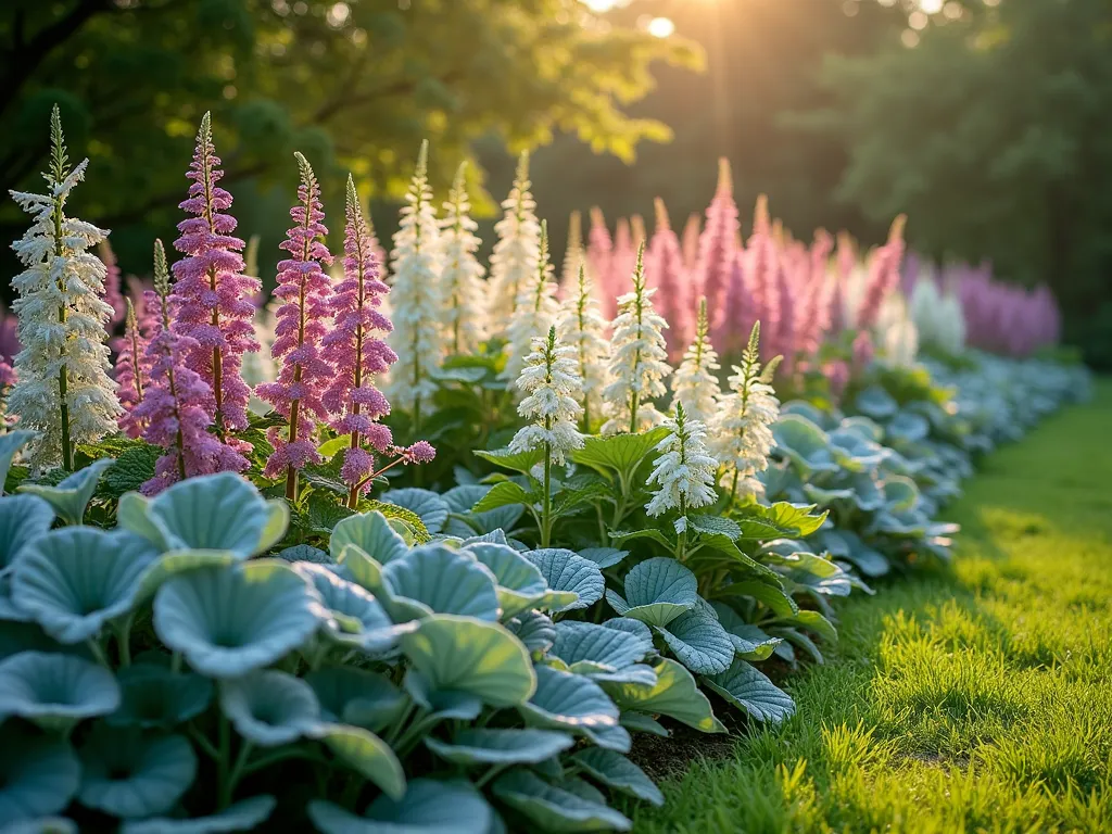 Layered Shade Border at Dawn - A stunning DSLR photograph of a lush east-facing garden border at dawn, captured with golden morning light filtering through trees. In the foreground, silvery-blue Brunnera macrophylla leaves catch the early light, while clusters of pink and white Astilbe plumes create a ethereal middle layer. Tiarella cordifolia forms a delicate ground cover with its foamy white flower spikes. The border curves gracefully through the space, with varying heights creating visual rhythm. The composition is photographed at a 35mm wide angle to show depth, with morning dew glistening on the foliage. The background reveals partial shade conditions with dappled sunlight creating natural highlights. Professional photographic quality at f/8, ISO 100, capturing the rich textures and subtle color variations in the layered planting design.