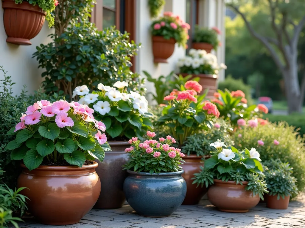 Layered Shade Container Garden at Dawn - A serene early morning scene of an east-facing garden corner featuring a stunning arrangement of tiered container plants. In the foreground, large copper and slate-blue ceramic pots showcase lush, rippling caladium leaves in pink and white varieties. Mid-ground features elegant white-flowering begonias in weathered terracotta containers at varying heights. Background shows delicate coral impatiens cascading from mounted wall planters. Soft dawn light filters through nearby trees, casting gentle shadows across the textured foliage. Shot with shallow depth of field, capturing morning dew drops on leaves. Professional photography with 16-35mm lens, f/2.8, ISO 400, wide angle perspective emphasizing the layered design and atmospheric morning light.