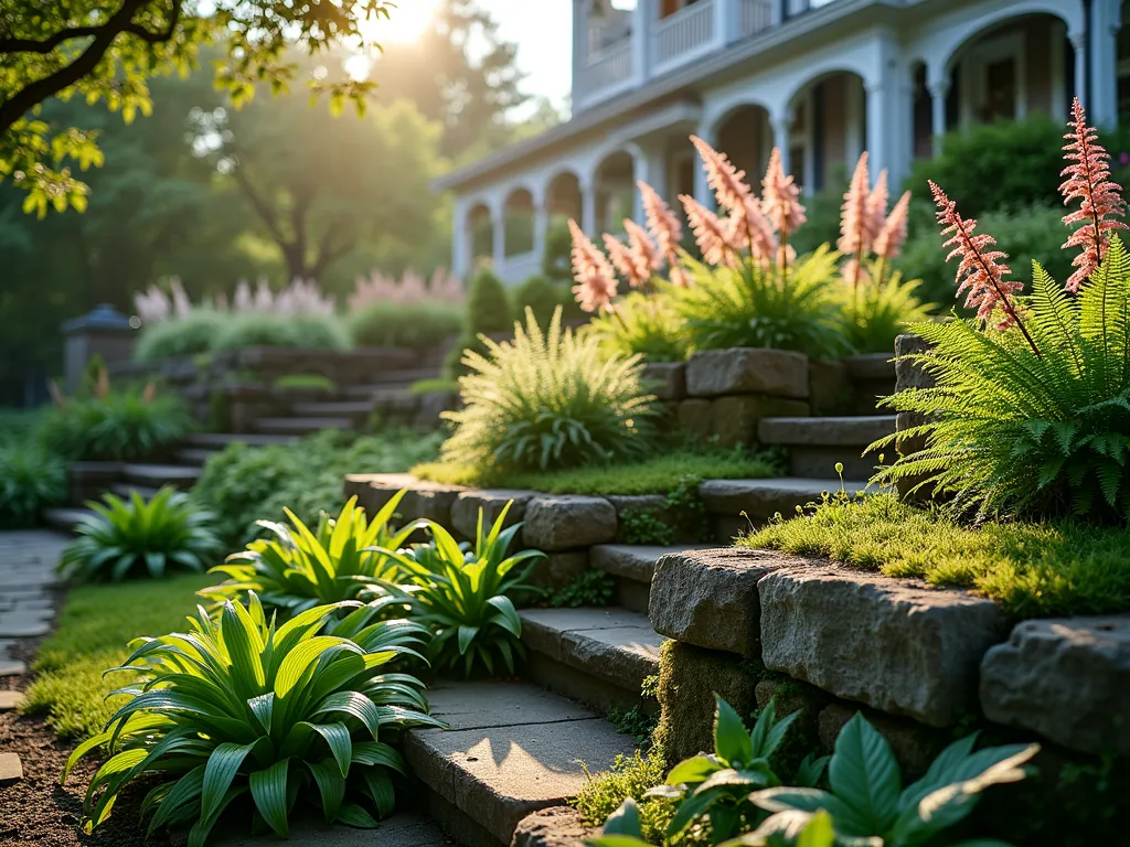 Serene Layered Shade Garden at Dawn - A stunning early morning garden scene captured in soft dawn light, featuring a beautifully terraced east-facing garden with three distinct layers. In the foreground, a lush carpet of varied hostas displays their sculptural leaves catching golden morning light. The middle tier showcases a graceful collection of Japanese painted ferns and lady ferns, their delicate fronds creating ethereal texture. The background tier elevates with tall, feathery pink and white astilbe plumes dancing in the morning mist. Natural stone retaining walls separate each level, with moss-covered steps weaving through the layers. Dew drops glisten on the foliage as dramatic shadows play across the layered landscape. The composition is photographed from a slightly elevated angle to showcase the dimensional design, with a Victorian-style house partially visible in the soft background.