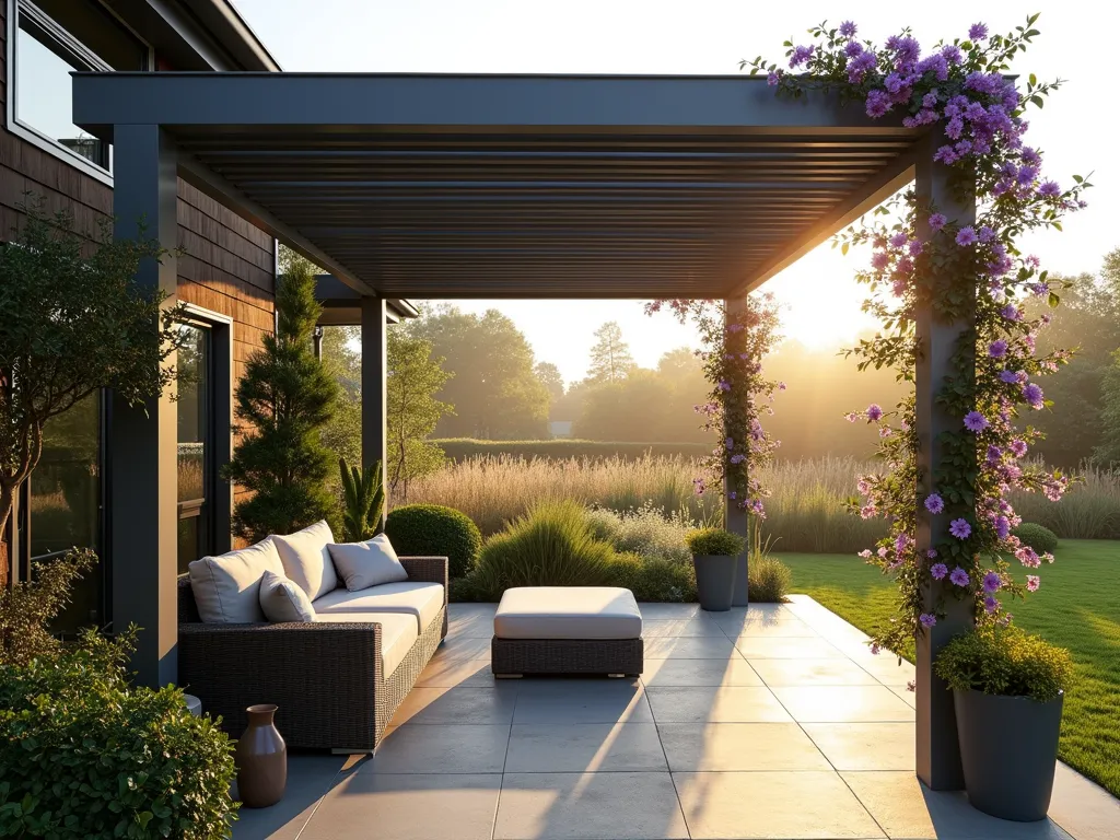 Modern East-Facing Pergola with Climbing Clematis - A stunning wide-angle DSLR photograph of a contemporary aluminum pergola in an east-facing garden, captured during golden morning light. The sleek structure features adjustable gray louvered panels casting dramatic shadows on a modern limestone patio below. Purple and white clematis vines gracefully wind up slim support posts, creating an organic contrast against the metal structure. Comfortable modern outdoor furniture in neutral tones sits beneath, with dappled morning sunlight filtering through. The background shows a meticulously landscaped garden with ornamental grasses catching the early light. Shot at f/8 with perfect depth of field, emphasizing both architectural details and natural elements. Soft morning mist adds atmospheric depth.