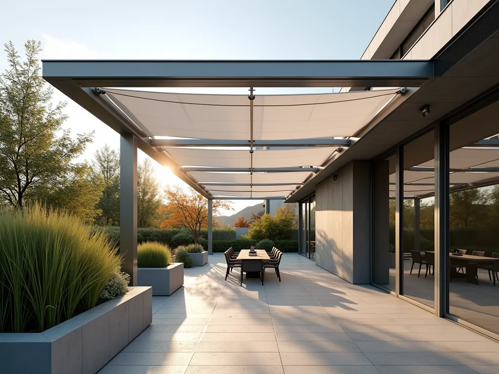 Modern East-Facing Patio Shade Structure - A sleek, contemporary outdoor living space at dawn featuring a minimalist steel and aluminum pergola with motorized retractable white canvas panels, casting gentle filtered light on a modern patio. The structure features clean geometric lines and adjustable metallic silver louvers. Natural morning light streams through the partially opened slats, creating artistic shadow patterns on light grey stone pavers below. Surrounding the space are modern planters with ornamental grasses and Japanese maples, their leaves catching the early sunlight. Wide-angle view showcasing the seamless integration of indoor-outdoor living with floor-to-ceiling glass doors visible in the background. Photorealistic, architectural photography style, soft morning atmosphere.