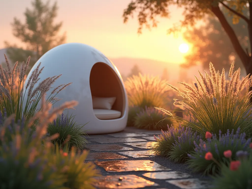 Serene Morning Meditation Pod in East Garden - A dreamy dawn photograph of a modern egg-shaped white meditation pod nestled in a peaceful east-facing garden. The pod is surrounded by swaying feather reed grasses and Japanese forest grass catching the golden morning light. Soft sunbeams filter through the ornamental grasses, creating ethereal light patterns. The cozy pod features plush cushions visible through its curved opening. A natural stone path leads to the pod, lined with lavender and coral bells. The background showcases a gradient of pink and orange sunrise colors, while dewdrops on the grasses sparkle in the early light. Shot with shallow depth of field focusing on the pod, creating a dreamy bokeh effect through the grasses. Photographed with a wide-angle lens at f/2.8 to capture the entire peaceful scene while maintaining the atmospheric morning mood.