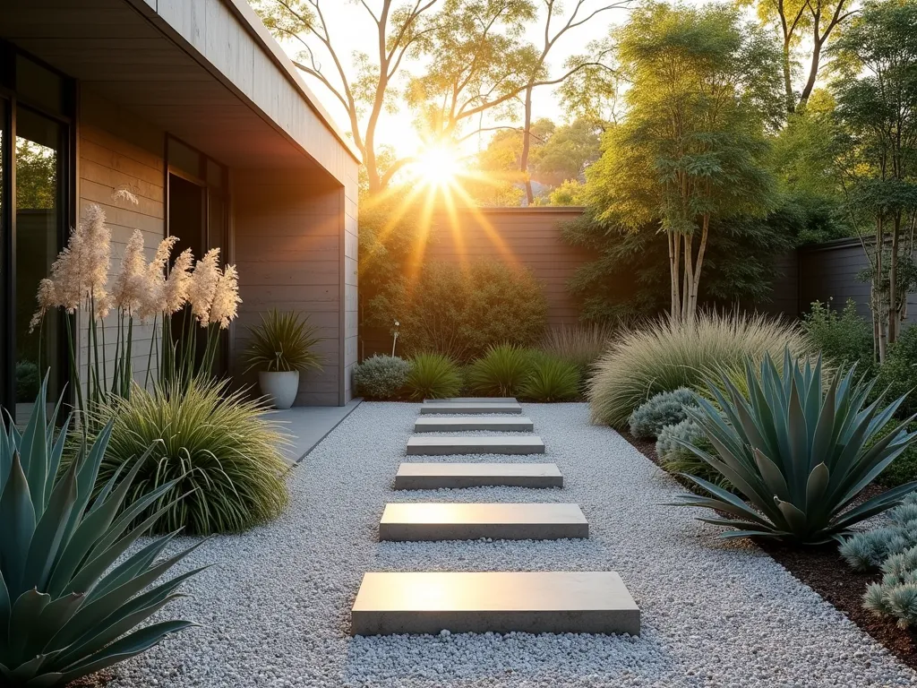 Modern Minimalist Gravel Garden at Dawn - A serene wide-angle shot of a contemporary east-facing gravel garden at dawn, with golden morning light casting dramatic shadows across light-colored granite gravel. Architectural plants like tall Miscanthus grasses and spiky Phormium create bold silhouettes against the rising sun. Modern concrete stepping stones float through the gravel, while sculptural Agave plants and structural Bamboo provide strong focal points. The garden features clean lines and minimal design elements, with varying heights of ornamental grasses creating movement and texture. Strategic placement of silver-leafed Artemisia and Blue Fescue adds subtle color contrast, while the gravel's natural reflective properties illuminate shadowed areas with a soft, ethereal glow. Shot in high resolution with emphasis on morning light interaction and shadow play, photorealistic style.