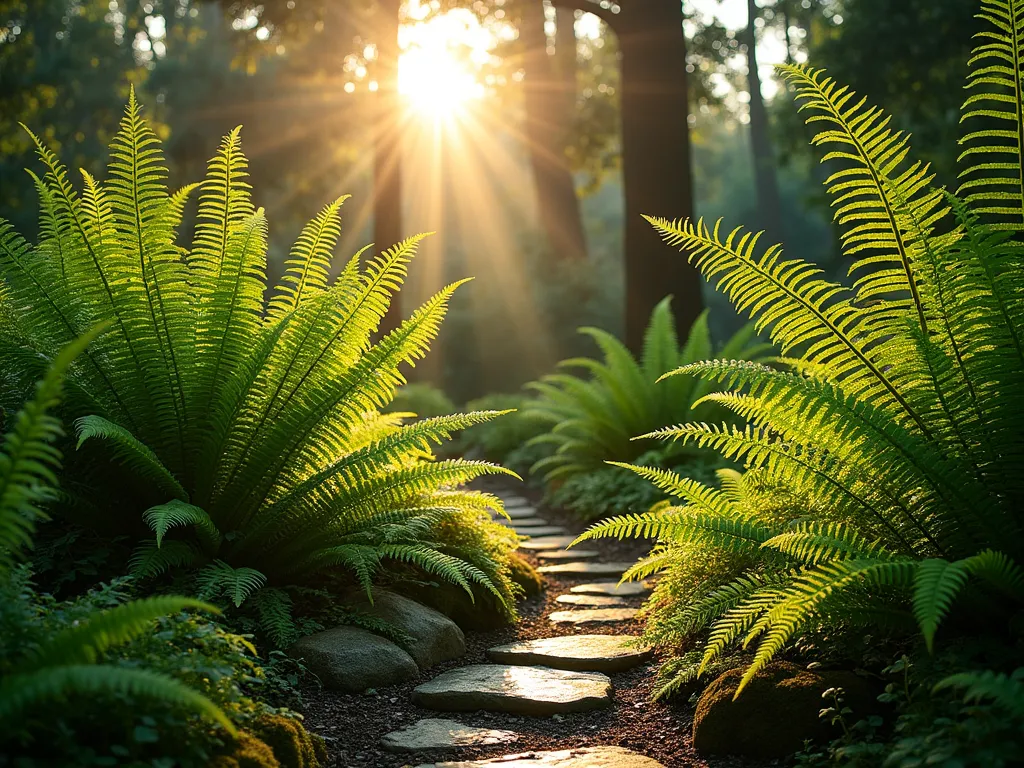 Morning Fern Garden Sanctuary - A serene east-facing garden photographed at dawn, with golden morning sunlight filtering through a lush collection of ferns. Multiple layers of ferns create a verdant tapestry, featuring tall Australian tree ferns towering in the background, medium-height Japanese painted ferns in the middle, and delicate maidenhair ferns carpeting the ground. Dew drops glisten on the unfurling fronds, capturing the early morning light. Natural stone paths weave through the ferns, with moss-covered rocks adding texture. Shot with a wide-angle perspective to capture the depth and scale of the fern garden, while maintaining intimate detail of the intricate frond patterns. The scene is backlit by soft morning sun, creating a magical, ethereal atmosphere with subtle light rays penetrating through the foliage.