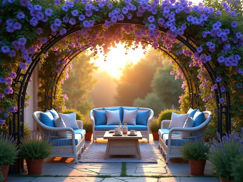 Enchanted Morning Glory Breakfast Terrace at Dawn - Hyper-realistic wide-angle shot of a luxurious east-facing garden terrace at dawn, bathed in soft golden morning light. A cozy arrangement of elegant white wicker furniture with plush blue cushions centers around a rustic wooden dining table. Ornate wrought-iron trellises form graceful arches overhead, draped with cascading purple-blue morning glory vines in full bloom. The flowers are caught in mid-opening, their trumpet-shaped blooms creating a magical dappled canopy. Crystal dew drops glisten on the flowers and foliage. A steaming cup of coffee sits on the table alongside a breakfast setting, while ambient garden lighting fades as sunrise approaches. Natural stone pavers with creeping thyme between them lead to the seating area, and potted lavender plants line the edges, creating a serene morning retreat. The composition captures the interplay of golden morning light filtering through the morning glory canopy, casting ethereal patterns on the comfortable seating below.