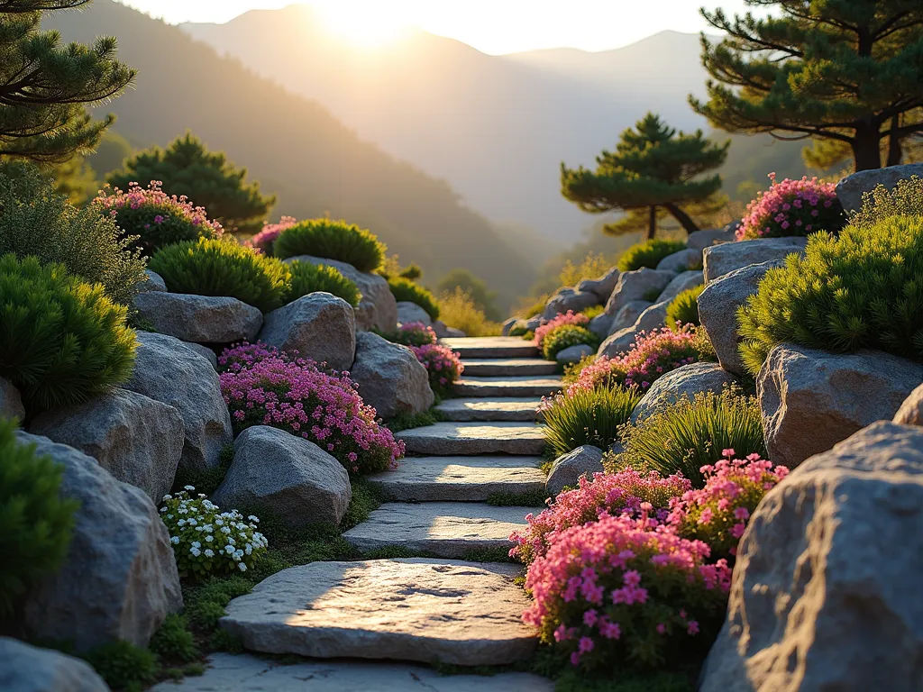 Sunlit Alpine Rock Garden at Dawn - A serene morning scene of a meticulously designed rock garden bathed in golden early sunlight, shot at f/2.8 with a 16-35mm lens. Clusters of vibrant pink and purple alpine flowers cascade over weathered granite boulders, while compact evergreen shrubs provide architectural interest. Sempervivums and sedums nestle between rocks, their rosettes catching dewdrops that glisten in the dawn light. Small Japanese maple adds height and structure. Natural stone steps wind through the garden, with low-growing creeping thyme softening the edges. Mountains in the background create depth, slightly out of focus. The atmosphere is misty and ethereal, with early morning light casting long shadows across the textured rocks.