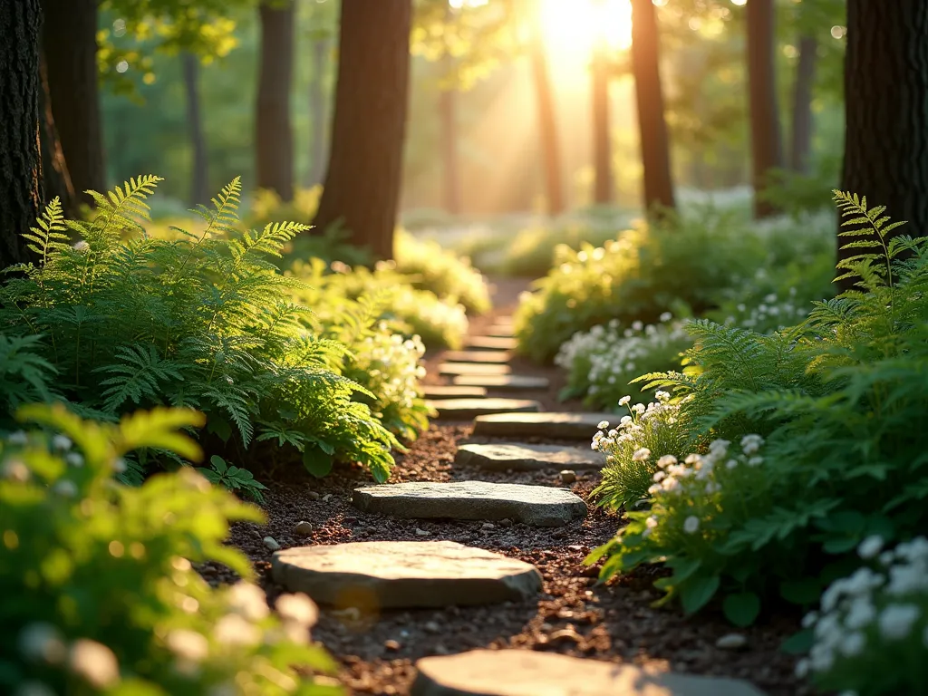 Morning Light Woodland Path - A dreamy, early morning garden scene featuring a winding natural stone pathway through dappled shade, captured with a wide-angle lens. Golden morning sunlight filters through tall deciduous trees, creating magical light patterns on the ground. The path is lined with lush shade-loving plants including hostas, ferns, and carpets of sweet woodruff with delicate white flowers. Natural stepping stones are nestled among the ground cover, creating an enchanted forest feel. The morning dew catches the light, adding sparkle to the scene. Shot at f/2.8 with selective focus highlighting the interplay of light and shadow, 16mm focal length to capture the full curve of the path leading deeper into the garden.