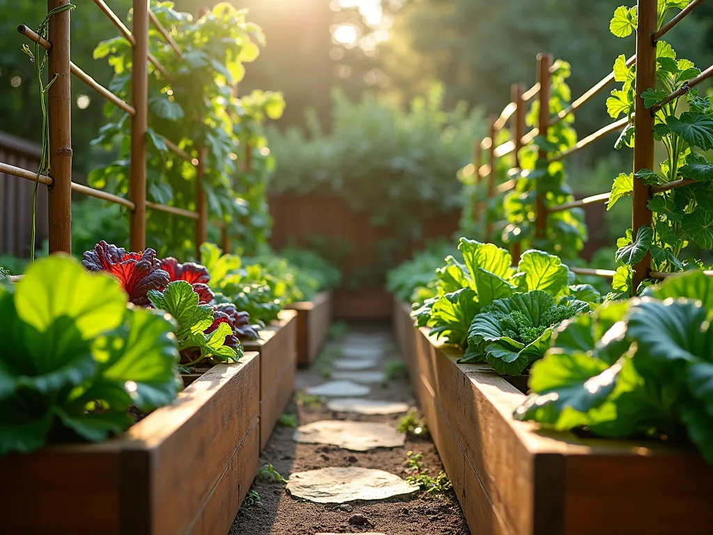 Tranquil Morning Shade Garden with Raised Vegetable Beds - A serene early morning garden scene featuring elegant raised wooden beds in an east-facing space, captured in soft dawn light with gentle shadows. Multiple levels of cedar raised beds contain lush plantings of leafy Swiss chard with rainbow stems, climbing pea vines on bamboo trellises, and various lettuce varieties creating a tapestry of greens. Morning dew glistens on the leaves, captured in stunning detail with shallow depth of field. Natural stone pathways weave between the beds, while dappled sunlight filters through nearby trees. Professional DSLR photography with perfect exposure highlights the textures of the wooden beds and the vibrant vegetables. Wide-angle perspective shows the garden's thoughtful layout while maintaining intimate detail of the thriving shade-tolerant vegetables.