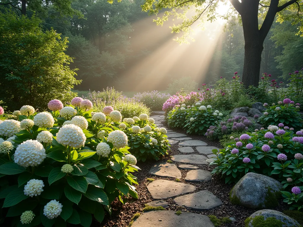 Morning Light Woodland Border - A serene east-facing garden captured at dawn, showcasing a naturally layered woodland edge design. In the foreground, clusters of white and pink hydrangeas catch the soft morning light, while deeper purple rhododendrons create a lush backdrop. Hellebores dot the ground level with their delicate blooms. The scene is photographed from a low angle, emphasizing the natural tiered planting structure against a misty morning backdrop. Dappled sunlight filters through overhead trees, creating atmospheric light patterns across the garden. The composition includes a natural stone pathway winding through the plantings, with moss-covered rocks adding texture. Shot with morning dew still visible on the foliage, creating a magical woodland atmosphere. 16-35mm wide-angle lens capturing the depth and scale of the layered planting design.