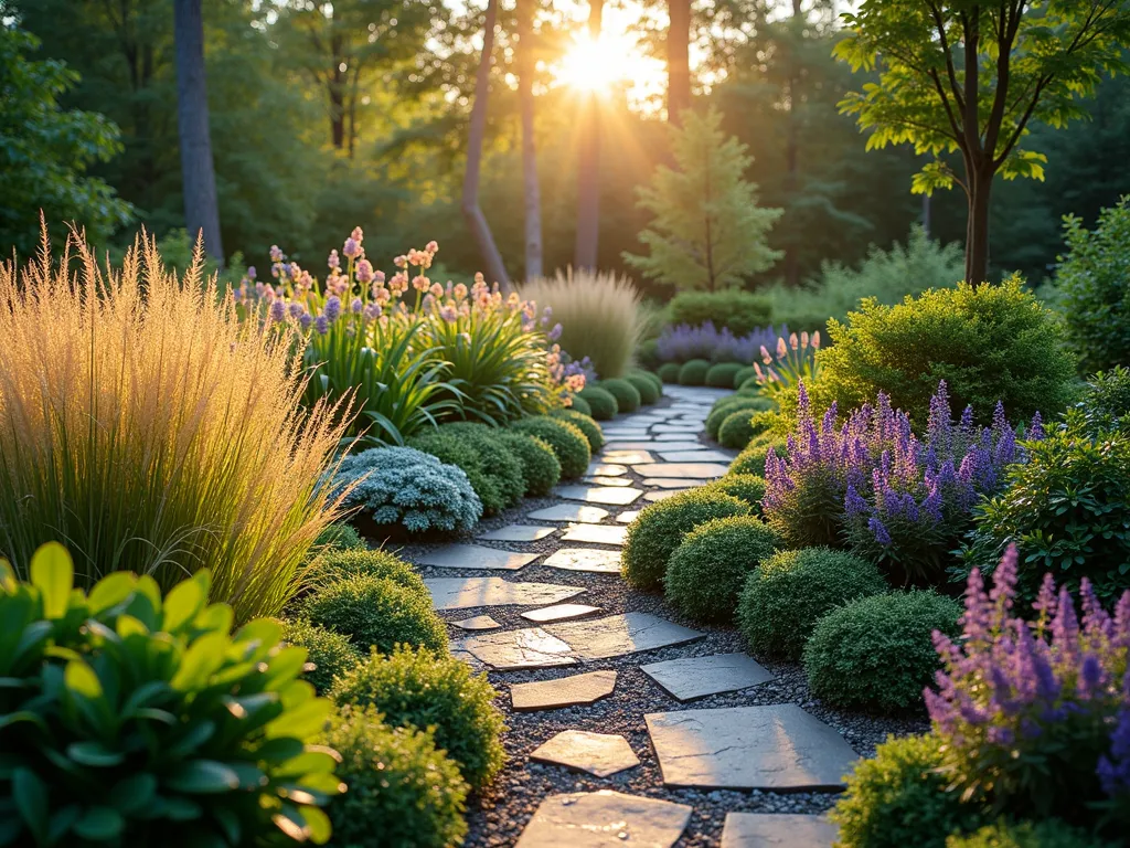 Morning Rainbow Shade Garden Tapestry - A professional DSLR photograph of a serene east-facing shade garden at dawn, with soft morning light filtering through overhead trees. In the foreground, waves of colorful shade-tolerant plants create a living rainbow tapestry: golden Japanese forest grass (Hakonechloa macra 'Aureola') catches early light, flowing into patches of silver-leafed brunnera casting a ethereal glow, and anchored by deep purple heuchera 'Palace Purple'. The layered garden bed follows a gentle curve, with varying heights creating depth and dimension. Dew drops glisten on the foliage, captured in stunning detail at f/8, while the wide-angle perspective shows the garden's integration into a peaceful backyard setting. Natural stone paths weave through the display, their surfaces still dark with morning moisture.