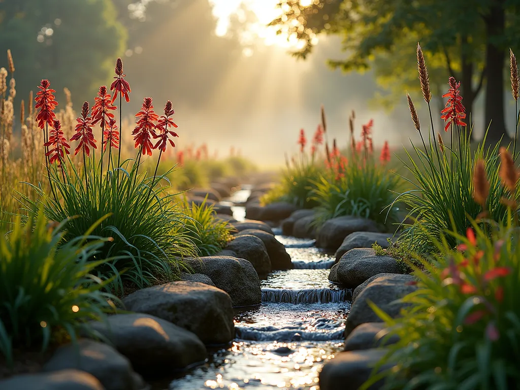 Tranquil East-Facing Rain Garden at Dawn - A serene early morning scene of a beautifully designed rain garden in soft dawn light, with dew drops glistening on native plants. The garden features cascading levels with turtlehead flowers in full bloom, vibrant cardinal flowers adding pops of deep red, and graceful sweet flag grass swaying gently. Natural stone borders create subtle water channels, while moss-covered rocks add texture. Morning mist hovers above the garden, creating an ethereal atmosphere. The composition is captured from a low angle, highlighting the layered plantings against a background of mature trees filtering the early eastern light.