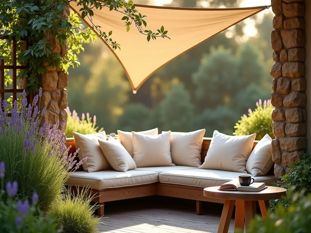 Serene Morning Reading Corner - A tranquil east-facing garden reading nook at sunrise, featuring a custom L-shaped built-in wooden bench with plush weatherproof cream cushions nestled against a natural stone wall. Above, a modern triangular cream-colored shade sail casts gentle shadows. The nook is surrounded by ornamental grasses and lavender swaying in the morning light, with climbing jasmine on a wooden trellis. Morning dew glistens on the foliage as golden sunlight streams through, creating a magical atmosphere. A rustic side table holds a steaming cup of coffee and an open book. Shot from a 45-degree angle to capture both the cozy seating arrangement and the garden context, with soft bokeh effect in the background highlighting the sunrise.