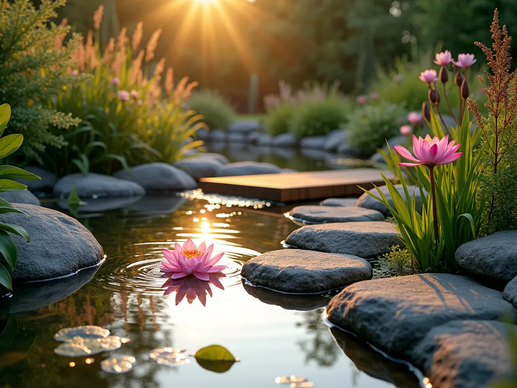 Tranquil Dawn Water Garden - A serene garden scene at sunrise, featuring a naturally-shaped pond with smooth river rocks along its edges, surrounded by ornamental grasses. Golden morning light streams across the water's surface, creating magical reflections. Pink and white water lilies float gracefully on the mirror-like surface, while Japanese iris and flowering rush grow along the margins. A small copper water fountain creates gentle ripples, catching the early light. Weathered stepping stones lead to a cozy wooden viewing deck, perfectly positioned to catch the morning sun. The scene is captured from a slightly elevated angle, showing the entire water feature nestled within a well-planned garden space, with dewdrops glistening on surrounding plants in the soft dawn light.