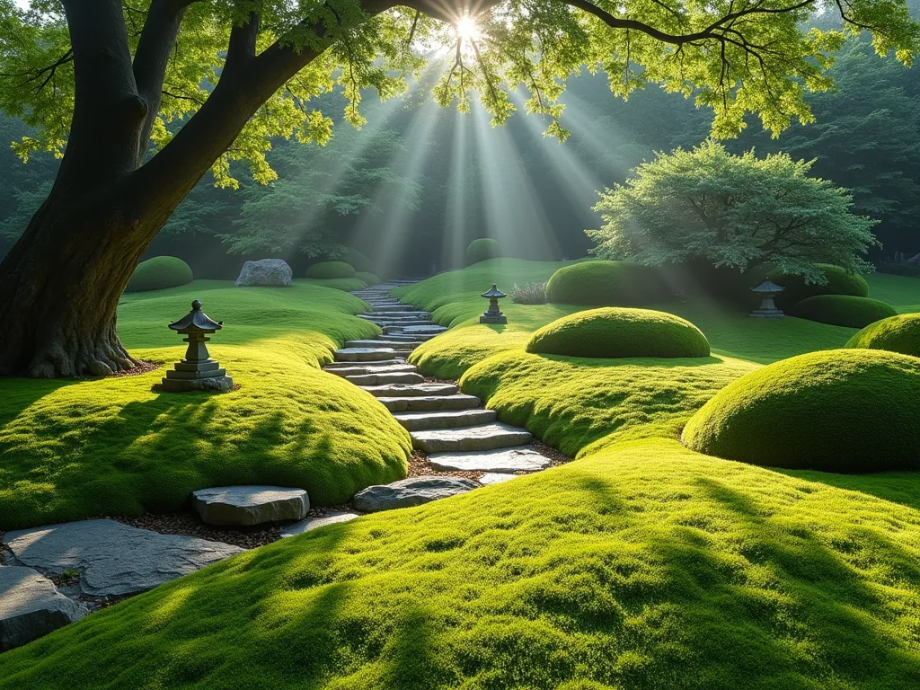 Tranquil Morning Moss Garden - A serene Japanese-inspired moss garden bathed in soft morning light, featuring a rich tapestry of emerald and sage-colored moss varieties covering gentle undulations in the ground. Natural stone pathways wind through cushions of luminous moss, with carefully placed granite boulders emerging from the verdant carpet. Dappled sunlight filters through a mature Japanese maple in the background, creating ethereal shadows across the peaceful scene. Small stone lanterns peek through the moss, while tiny streams of morning dew glisten on the velvet-like surface. Wide-angle perspective captures the contemplative atmosphere, with the eastern light highlighting the textural variations of different moss species.