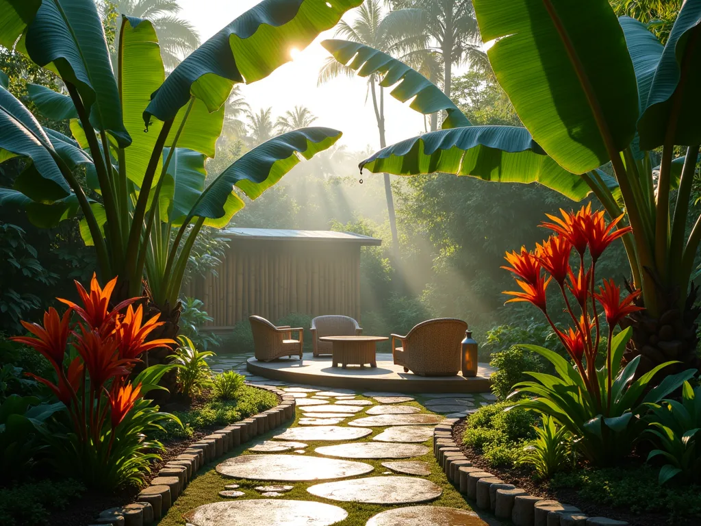 Lush East-Facing Tropical Oasis - A serene early morning garden scene captured with a wide-angle DSLR lens at f/8, showcasing a luxuriant tropical paradise. Giant elephant ears with water droplets catching the gentle morning sun cast dramatic shadows across a curved pathway. Towering banana plants with broad leaves create a natural canopy, while vibrant red and orange cannas bloom in dappled morning light. A small wooden deck peeks through the foliage, adorned with rattan furniture and copper lanterns. The composition features varying heights of tropical vegetation, creating depth and mystery, while the soft morning mist adds an ethereal quality to the scene. Natural stone pavers wind through the garden, leading to a small meditation area surrounded by bamboo screens.