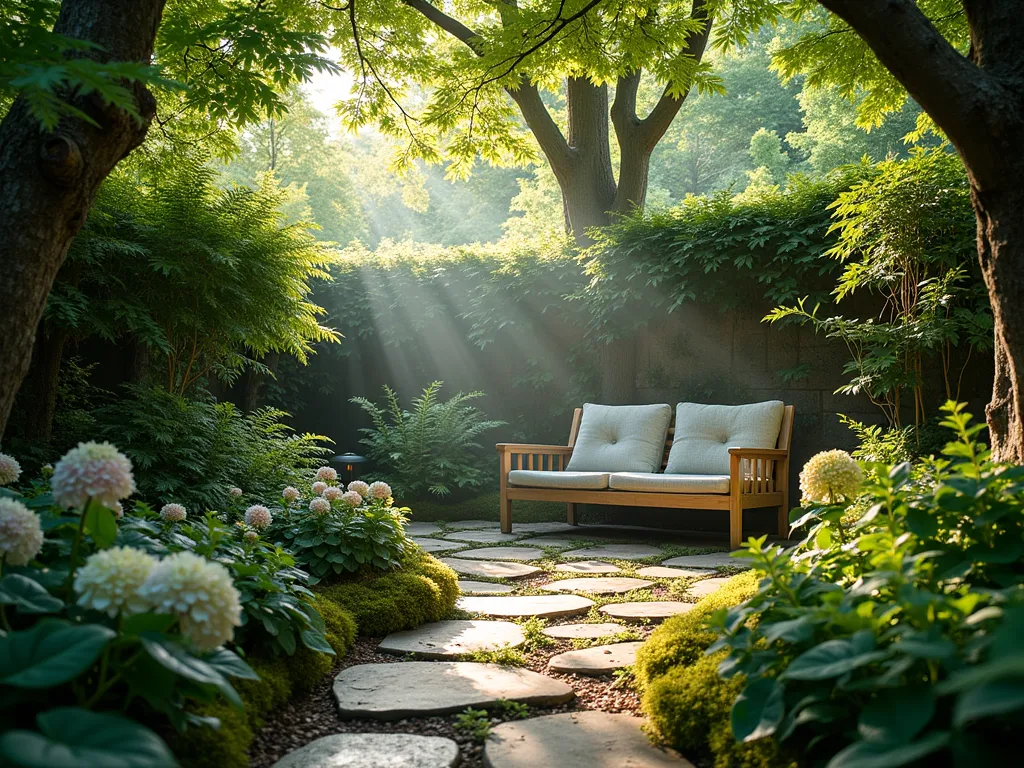 Enchanted East-Facing Woodland Garden Room - Professional DSLR photograph of a serene woodland garden room at dawn, captured with soft morning light filtering through Japanese maple and dogwood canopies. A cozy weathered teak loveseat nestled within natural walls of lush hostas, ferns, and hydrangeas. Dappled sunlight creates magical patterns on a natural stone path leading to the seating area. Moss-covered stones and woodland flowers add texture to the foreground. Shot with a wide-angle lens at f/8, capturing the intimate atmosphere while maintaining depth and detail. The scene is complemented by strategic uplighting on key architectural plants and a subtle morning mist, creating an ethereal atmosphere.