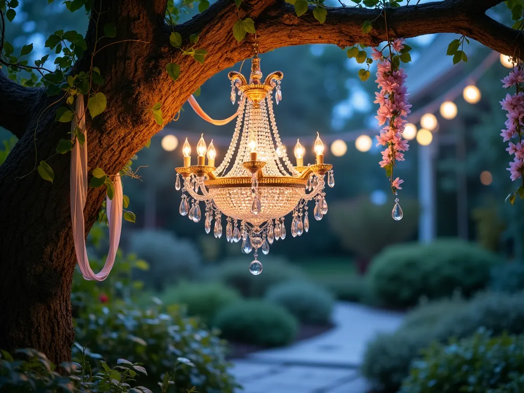 Enchanted Crystal Garden Chandelier at Twilight - A mesmerizing twilight garden scene captured with a wide-angle lens, featuring an ornate vintage crystal chandelier suspended from a mature oak tree branch. The chandelier, adorned with cascading crystal prisms and delicate fairy lights, creates a magical display of light patterns across the garden. Flowing silk ribbons in soft pastels and artificial wisteria vines intertwine with the chandelier's framework. The background shows a dreamy garden setting with string lights creating bokeh effects, while the chandelier's crystals scatter prismatic light patterns onto the surrounding foliage and stone pathway below. Shot during blue hour with natural and artificial lighting creating an ethereal atmosphere, highlighting the intricate details of the crystal drops and the gentle movement of the ribbons in the evening breeze.