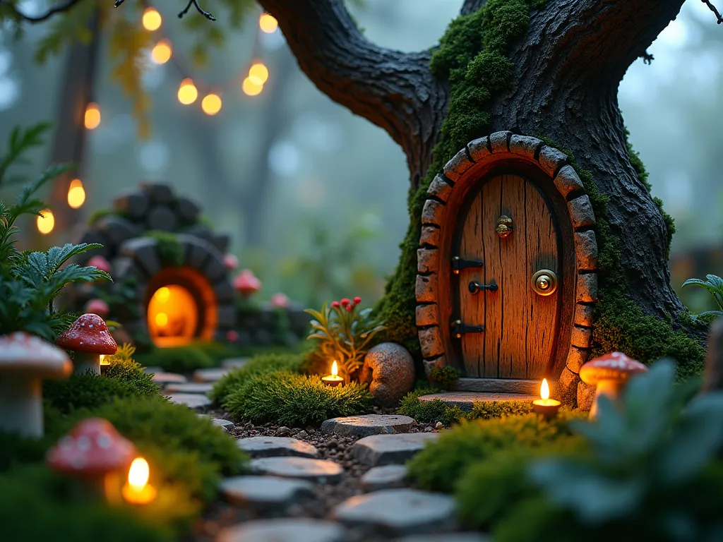 Enchanted Fairy Door Trail at Twilight - A magical twilight garden scene featuring an ancient oak tree with an intricately carved miniature fairy door at its base, illuminated by soft, warm battery-operated tea lights. The door is adorned with a tiny brass knocker and a welcome mat made of moss. A winding path of glowing mushrooms leads to additional fairy doors nestled in garden walls covered in climbing ivy. Miniature gardens with tiny furniture, diminutive flower beds, and twinkling lights create cozy fairy settlements. The scene is captured from a low angle, close to ground level, creating an immersive fairy-eye perspective. The background shows a misty garden with string lights hanging from tree branches, creating a dreamy, enchanted atmosphere. Delicate ferns and woodland flowers frame the scene.