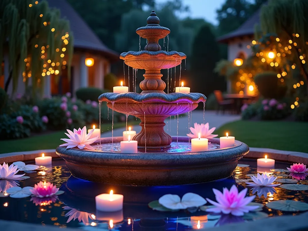 Enchanted Garden Water Feature at Twilight - A mesmerizing twilight photograph of an ornate stone fountain in a backyard garden setting, captured with a 16-35mm lens at f/2.8, ISO 400. Dozens of floating candles illuminate the water's surface, creating golden reflections, while submerged LED lights cast ethereal blue and purple hues through the flowing water. White and pink water lilies and orchids float gracefully among the candles. Strategically placed vintage-style mirrors around the fountain's base create infinite reflections of the dancing lights and flowers. The scene is framed by weeping willows and climbing roses, their silhouettes mysterious in the dusk light. Delicate fairy lights drape through nearby branches, adding layers of magical illumination to the enchanted garden atmosphere. Shot from a low angle to capture both the fountain's grandeur and its mystical reflections in the mirrored base.