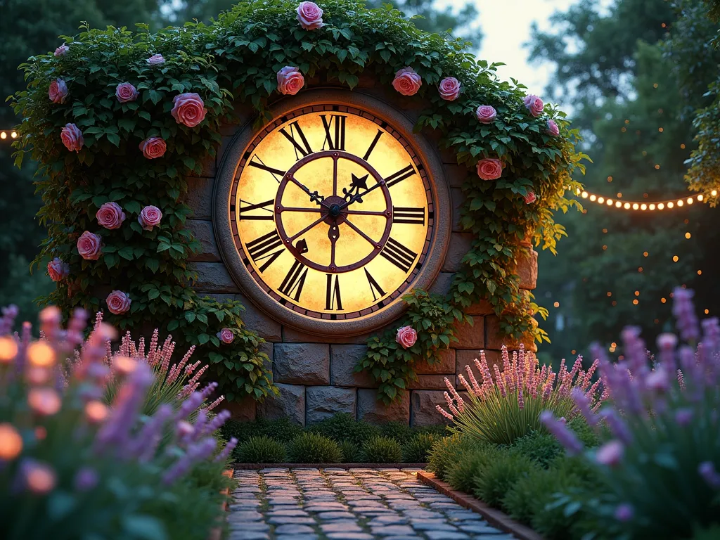 Enchanted Garden Clock at Twilight - A magical garden scene at twilight featuring a large ornate vintage clock face (6 feet diameter) mounted on a weathered stone wall. The clock is partially covered with climbing pink David Austin roses and emerald green ivy tendrils. The clock hands are fixed at midnight, creating a fairytale atmosphere. Warm spotlights illuminate the clock from below, casting ethereal shadows on the wall. The surrounding garden features a cobblestone path leading to the clock, with beds of lavender and white moonflowers. Delicate string lights twinkle in nearby trees, while fireflies dance in the dusky air. Shot with a wide-angle lens at golden hour, capturing the magical transition between day and night. Photographic style: cinematic, mystical, with soft depth of field highlighting the clock as the focal point. 8K, highly detailed, architectural photography.