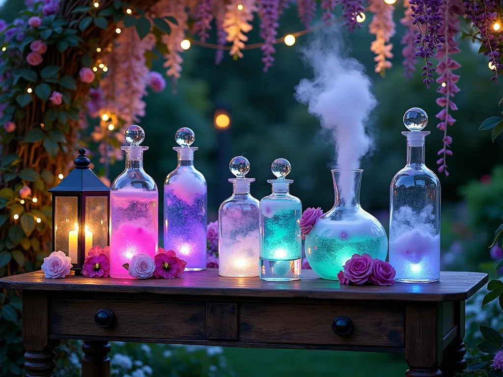 Enchanted Garden Potion Bar at Twilight - A magical outdoor drink station set against a twilight garden backdrop, featuring an antique wooden table adorned with twinkling fairy lights and trailing ivy. Crystal decanters and vintage apothecary bottles filled with vibrant, luminescent potions in purple, blue, and emerald green colors create an ethereal glow. Wisps of fog from dry ice cascade down the table, while delicate glass vessels are garnished with floating edible flowers like pansies and violets. Rose bushes and wisteria frame the scene, with soft lantern light illuminating the mystical bar setup. The composition is captured from a three-quarter angle, showing both the intricate details of the potions and the enchanted garden atmosphere behind.