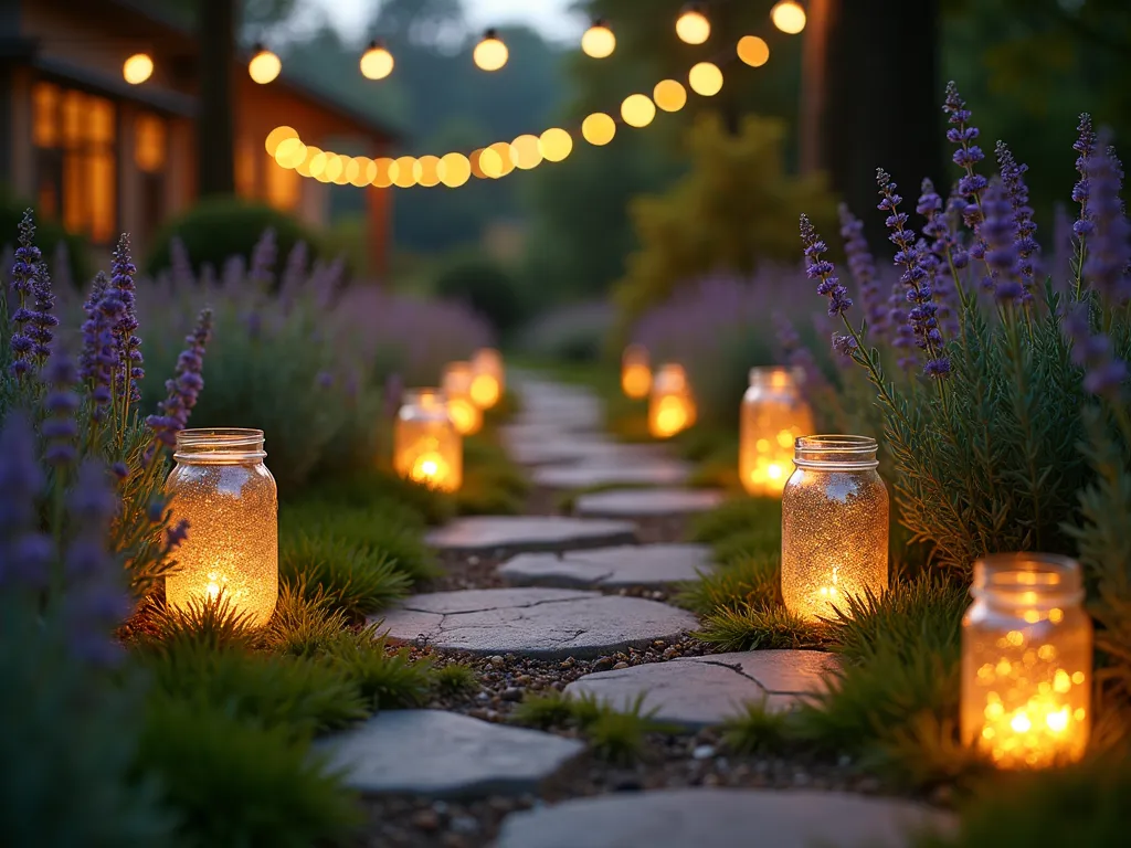 Enchanted Mason Jar Garden Path at Twilight - A magical garden pathway at dusk, lined with glowing mason jars emitting soft, warm golden light through fairy lights. The jars are decorated with iridescent glitter and lush green moss, creating ethereal sparkles in the evening light. The winding stone path leads through a whimsical backyard garden, with lavender and moonflowers blooming alongside. Delicate string lights hang overhead between mature trees, creating a dreamy canopy. Shot from a low angle perspective, capturing the magical glow of the illuminated jars reflecting off the stone path, with a subtle bokeh effect in the background showing other garden party elements. Atmospheric mist adds to the enchanted atmosphere.