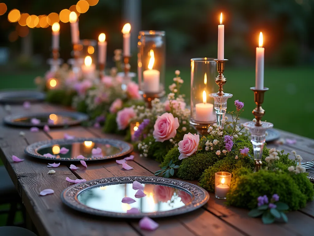 Enchanted Mirror Garden Tablescape at Twilight - A professional photograph of an elegant outdoor garden tablescape at twilight, featuring vintage ornate mirrors as table runners along a rustic wooden table. The mirrors reflect warm candlelight from crystal candelabras, creating a magical atmosphere. Lush green moss borders the mirrors, intertwined with delicate pink garden roses, white gypsophila, and purple wisteria blooms. Rose petals are artfully scattered across the mirrored surface, their reflection creating an ethereal double effect. Shot from a 45-degree angle using a 16-35mm lens at f/2.8, ISO 400, capturing both the intimate table details and the surrounding garden backdrop with string lights twinkling in the bokeh. The scene is bathed in the soft, golden light of dusk, with vintage-style lanterns providing additional ambient lighting.