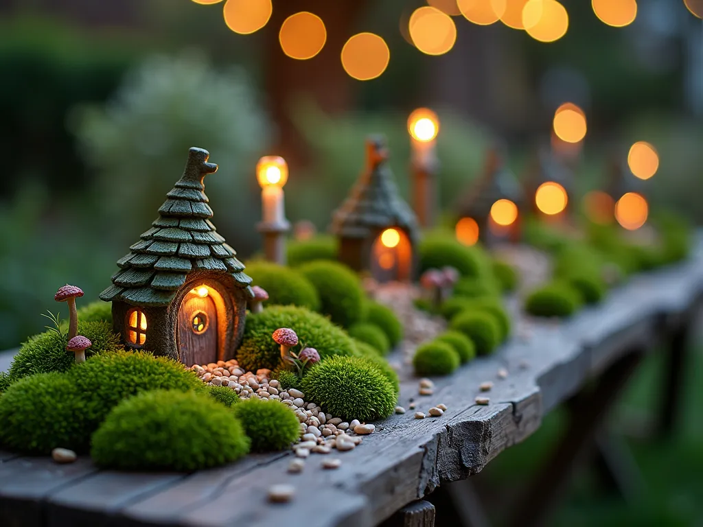 Enchanted Moss Garden Terrarium Display - A twilight close-up shot of a magical miniature moss garden terrarium set on a rustic wooden outdoor table, illuminated by tiny warm LED fairy lights. The terrarium features multiple types of cushion moss, sheet moss, and fern moss creating rolling hills and valleys. Delicate ceramic fairy houses nestle among the moss, with miniature pathways made of tiny pebbles winding between them. Soft, ethereal lighting casts a magical glow through small crystal elements, while diminutive mushrooms and tiny flowering plants add whimsical touches. The terrarium is part of a larger garden party setting, with similar enchanted moss worlds visible in the soft-focused background, creating a constellation of glowing magical displays across a dreamy backyard space.