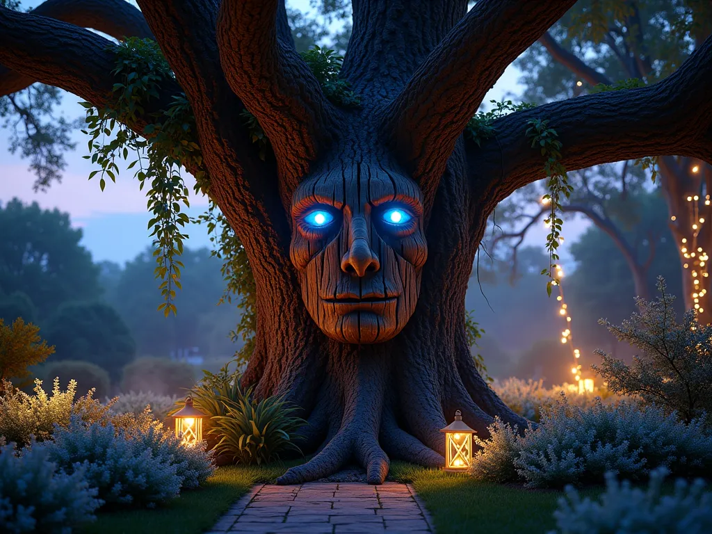 Enchanted Tree Guardian at Twilight - A dramatic twilight photograph of a majestic oak tree adorned with an intricately carved wooden face, its glowing blue LED eyes casting an ethereal ambiance in a backyard garden setting. Delicate fairy lights are intertwined with climbing moonflowers and ivy vines that frame the mystical face. The tree stands against a dusky purple sky, while soft landscape lighting illuminates the surrounding garden beds filled with white flowering plants and silvery foliage. Shot with a wide-angle lens from a slight low angle to emphasize the tree's towering presence, capturing the magical atmosphere of an enchanted garden party. The scene features subtle fog effects near the base of the tree, with additional strands of warm white fairy lights draped in neighboring trees creating a magical bokeh effect in the background. Photographic style: cinematic, mystical, with attention to light play and shadow detail.