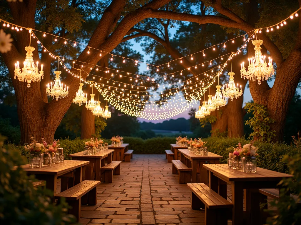 Enchanted Twilight Garden Canopy - A breathtaking twilight garden scene captured with a wide-angle lens, showcasing a mesmerizing canopy of thousands of warm white fairy lights suspended at varying heights between mature oak trees. The lights create a magical starlit effect above a charming garden patio, their warm glow reflecting off vintage crystal chandeliers strategically hung among the lights. The foreground features weathered wooden dining tables adorned with delicate wildflowers in mercury glass vases, while climbing roses and wisteria drape naturally around wooden posts. The ethereal lighting casts a gentle golden glow across the flagstone patio, creating dancing shadows and a dreamy atmosphere. Shot at blue hour with a shallow depth of field, capturing the bokeh effect of the twinkling lights against the deepening twilight sky. Digital camera, 16-35mm lens at 16mm, f/2.8, ISO 400.