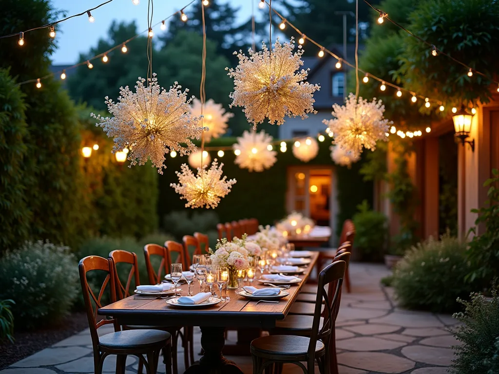 Ethereal Floating Garden Lights - A magical twilight garden scene captured with a wide-angle lens showing delicate clouds of white baby's breath and pastel wildflowers suspended at varying heights above a flagstone patio. Hundreds of tiny warm LED lights are interwoven throughout the floating floral arrangements, creating ethereal orbs of light that appear to hover in the evening air. The transparent fishing lines are nearly invisible in the dusk light, making the floating garden appear weightless and enchanted. Dark green ivy-covered garden walls frame the background, while string lights draped along the patio's perimeter add additional ambient lighting. A vintage wooden dining table sits beneath the suspended floral installation, with antique chairs and place settings visible but slightly out of focus. Shot at f/2.8 to create dreamy bokeh effects with the suspended lights, capturing the whimsical and magical atmosphere of an enchanted garden party. High-quality digital photography with naturalistic color grading.