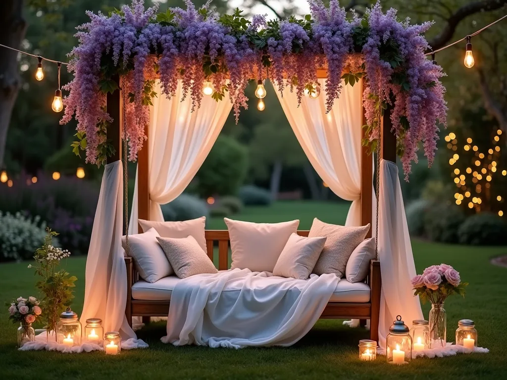 Ethereal Garden Swing at Twilight - A magical garden swing captured at twilight, photographed with a wide-angle 16-35mm lens at f/2.8. The vintage wooden swing is draped with flowing white chiffon fabric that catches the evening breeze, while delicate string lights create a warm, enchanted glow. Purple wisteria and pale pink climbing roses gracefully wind around the swing's frame, creating a natural canopy. Oversized cream silk cushions adorn the seat, complemented by vintage-inspired throw pillows. Surrounding the swing, mason jar lanterns with flickering battery-operated candles hang at varying heights from nearby tree branches. The background shows a softly blurred garden with additional fairy lights twinkling among the foliage, creating a dreamy, bokeh effect. The composition captures the romantic atmosphere with the warm golden hour lighting filtering through the fabric and flowers.