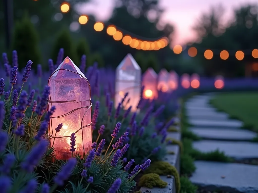 Illuminated Crystal Garden Markers at Twilight - A close-up DSLR photograph of elegant garden markers made from large amethyst and clear quartz crystals, delicately wrapped in copper wire, positioned along a curved garden border at twilight. Small LED spotlights illuminate the crystals from below, creating magical rainbow refractions across surrounding lavender and moonflowers. The crystals appear to float among silver-leafed plants, with soft bokeh effects in the background showing string lights hung in trees. Shot with shallow depth of field highlighting the ethereal glow of the crystals against the dusky purple sky, featuring detailed wire wrapping patterns catching the light. Natural stone pathway visible in background with moss growing between stones.